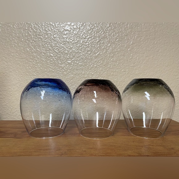3 Pier 1 Blue Plum & Avocado colors of Crackle Glass Stemless Wine Glasses 16oz. - Picture 4 of 9